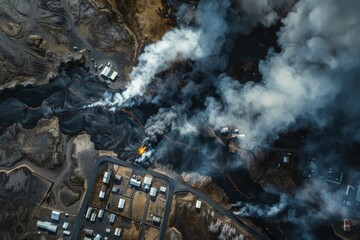 Fototapeta na wymiar Drone image, aerial image, of a lava flow entering a settlement area after a volcanic eruption and destroying the infrastructure, symbolic image for natural disasters, AI generated, AI generated, AI generated
