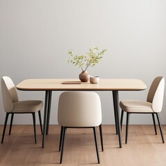 Slimline dining table with tapered metal legs and neutral chairs