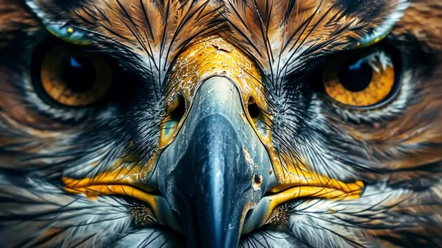 Intense close-up of an eagle face, highlighting its sharp beak and piercing golden eyes amidst detailed feathers