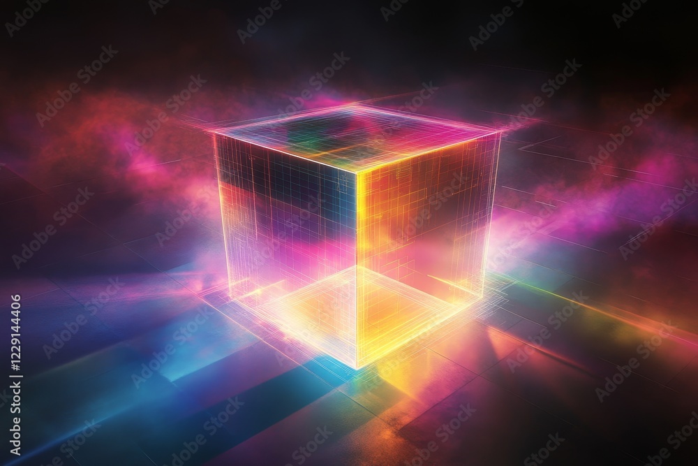 Poster exploring the vibrant dimensions of a neon cube in a surreal digital landscape