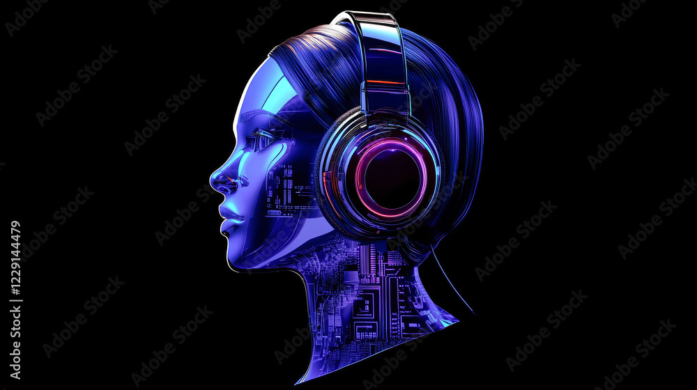 Poster exploring a futuristic ai robot with headphones embodying sleek design and vibrant holographic eleme