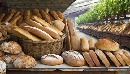 Food, baked goods, many different breads and baguettes in a bakery, AI generated, AI generated