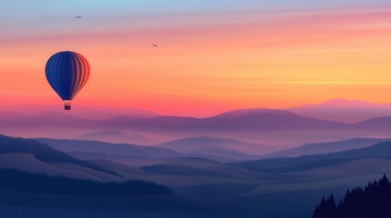 Fototapeta premium Sunrise Hot Air Balloon: A vibrant hot air balloon ascends gracefully against a breathtaking sunrise over rolling hills, creating a picturesque scene of serenity and adventure. 