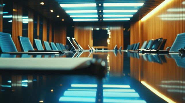 modern conference room with sleek design, featuring long table, ergonomic chairs, and ambient lighting. space is ideal for meetings and presentations