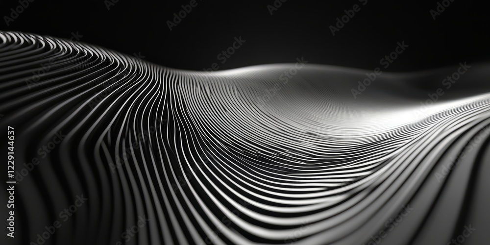Poster a black and white image of a wave. the wave is made up of many lines. the lines are very close toget