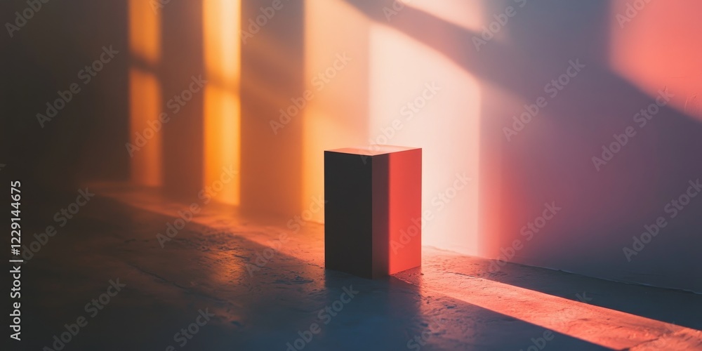 Poster a minimalist geometric object stands alone, illuminated by vibrant light. the interplay of color and