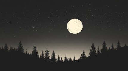Full moon over silhouetted pine forest at night.