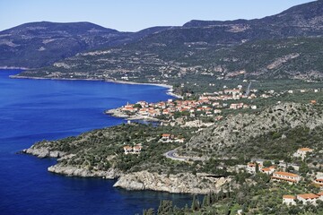 Fototapeta premium View of the coast near Kardamyli, Lefktro, Mani, Messenia, Peloponnese, Greece, Europe