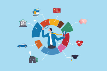 Budget planning, financial expense or spending allocation, investment, income, saving percentage pie chart, cost tracking or debt management concept, businessman analyze budget allocation pie chart.