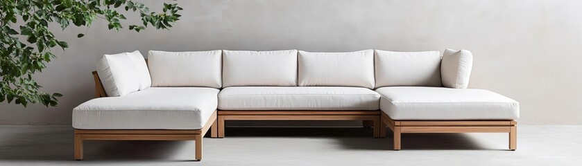 Streamlined outdoor sectional with slim cushions and teakwood base