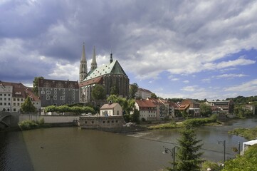 View of parish church of St. Peter and Paul from old town bridge, Waidhaus left, Görlitz, Oberlausitz, Saxony, Germany, Europe