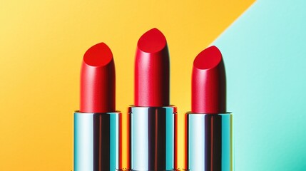 A trio of vibrant red lipsticks sit together on a bright colored background, ideal for beauty and makeup related content