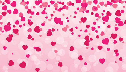 Valentines Day pink background with red hearts falling down bokah backgr for greeting cards, wedding invitation, gift packages, celebration backdrop. stock illustration