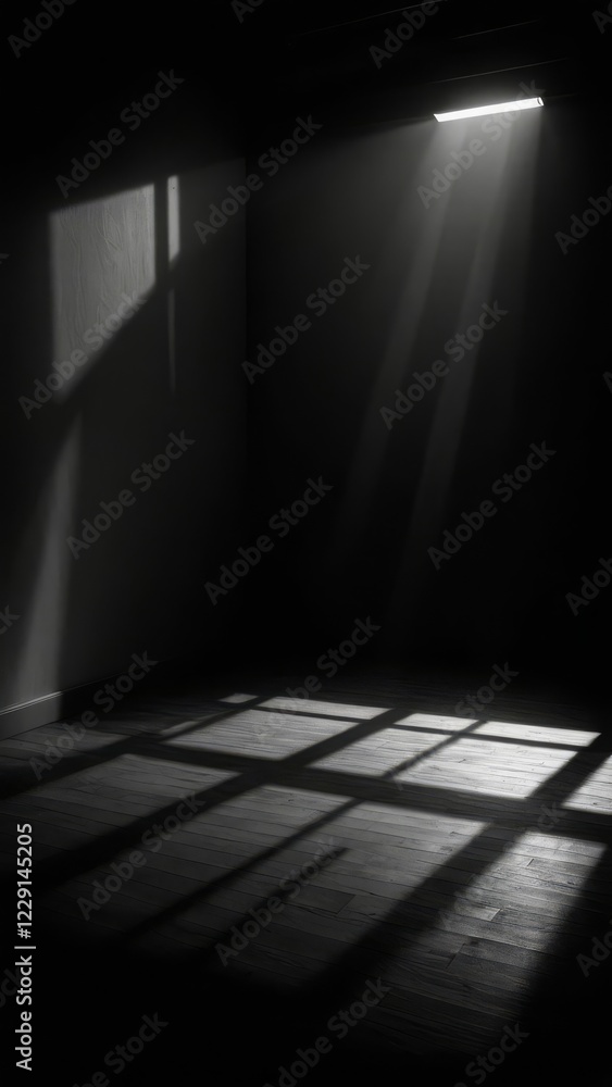 Poster dark room with a single light source casting long shadows through a window