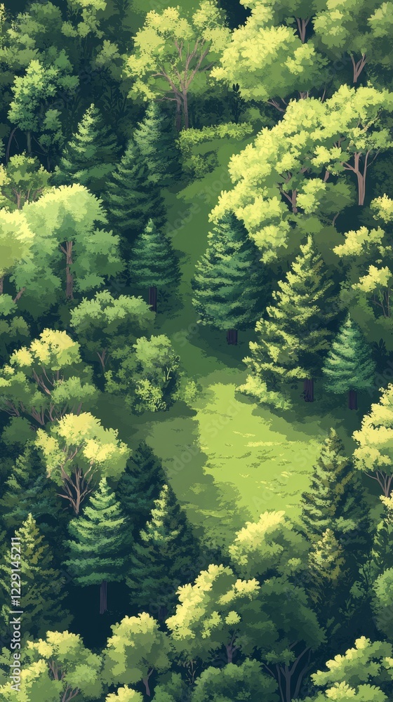 Poster a lush green forest with trees of various sizes and shapes. the trees are spread out and there is a 