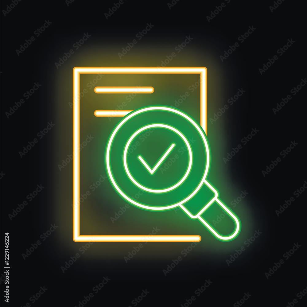 Aufkleber neon style icon of a magnifying glass with a check mark over a document, representing a successful s