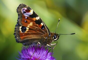 Obraz premium Detailed macro of a peacock butterfly (Aglais io), with a focus on the striking eyes, AI generated