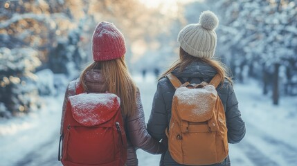 School girls walk through a snowy path during sunset, wearing cozy winter attire and backpacks, AI generated