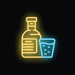 Yellow and blue neon sign of a bottle and a glass shining brightly on a black background