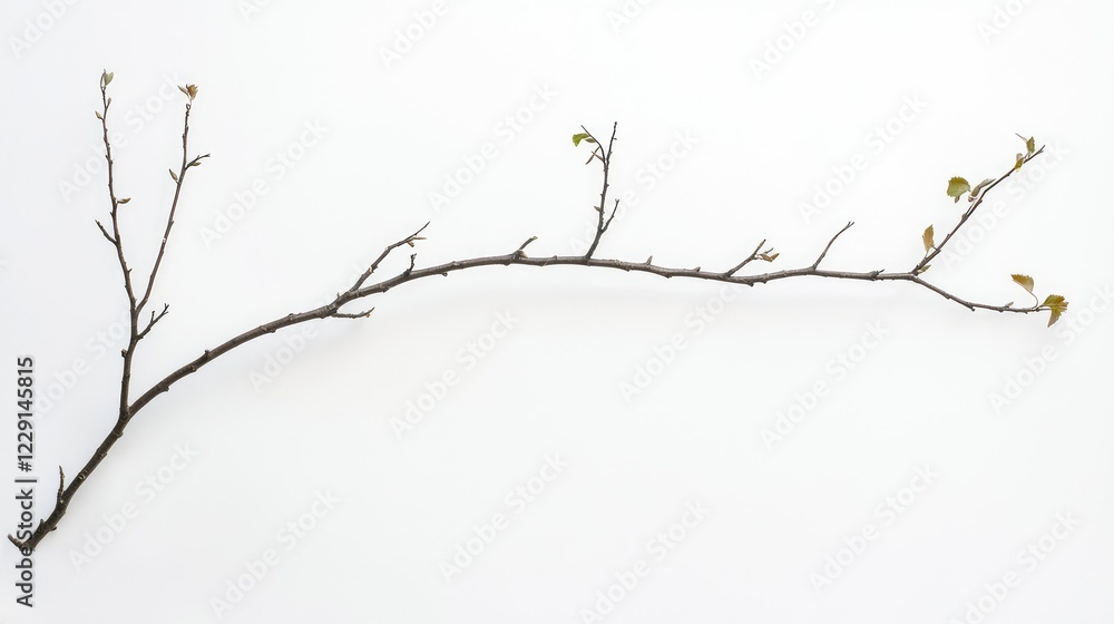 Poster natural curved branch with sparse leaves on minimal background