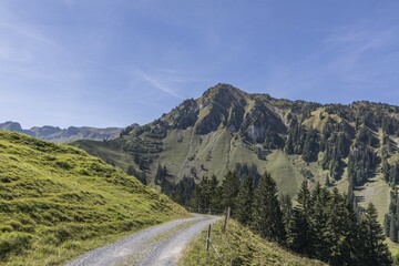 Hiking trail with view of Mount Arvigrat, Nidwalden, Switzerland, Europe