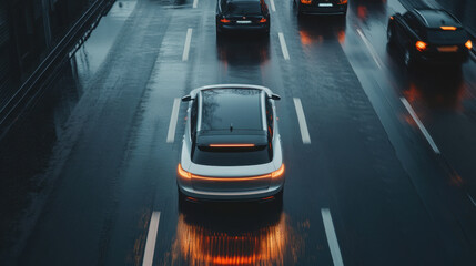 modern car driving on wet highway during twilight, showcasing intelligent design and advanced technology. scene captures essence of urban mobility and innovation