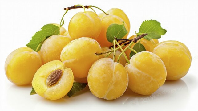 Shiny yellow plums (Prunus domestica) with leaves on a white surface, highlighting their freshness, AI generated