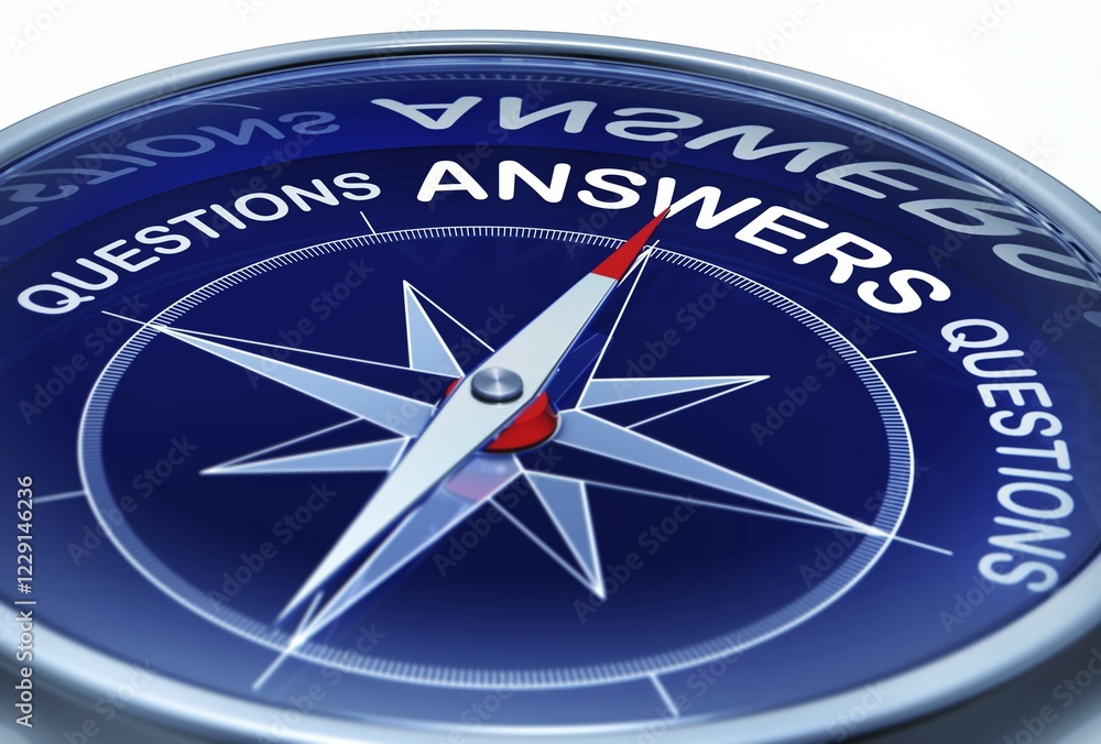 Poster 3d rendering of a compass with the word answers