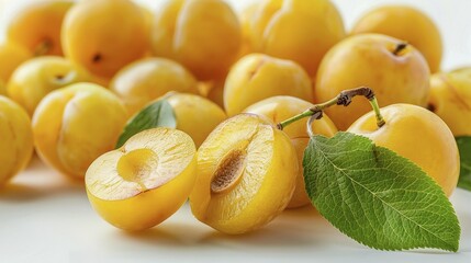 Fresh yellow plums (Prunus domestica) with leaves on a white background, emphasizing their natural look, AI generated
