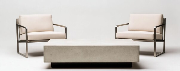 Ultra-modern concrete coffee table paired with slim metal armchairs