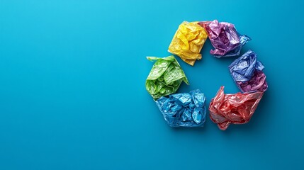 Colorful recycled plastic waste arranged in a recycling symbol, set against a vibrant blue background, emphasizing sustainability and eco-friendly practices.