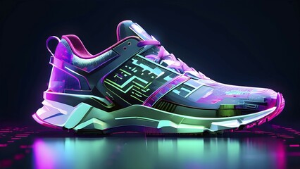 Sporting equipment, like a running shoe, breaking into pixels and data points, morphing into a network of neural nodes, AI generated