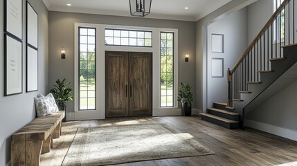 Elegant entryway featuring a wooden door, large windows, and minimalistic design with wooden stairs, AI generated