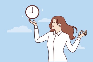 Woman holds clock standing under blue sky and reminds of punctuality and importance of meeting deadlines. Smiling businesswoman looks at watch symbolizing punctuality and demonstrates ok gesture