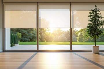 Fototapeta premium AI-Controlled Blinds Opening to Morning Sunlight: Minimalistic Window Scene with Copy Space