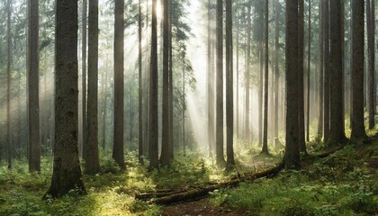 Fototapeta premium Landscape, forest, spruce forest, high trunks, fog, sunbeams, AI generated, AI generated