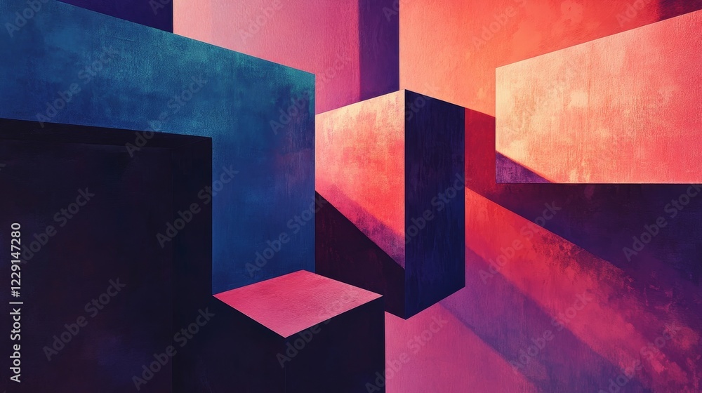 Poster this captivating abstract artwork features geometric shapes in vibrant colors. strong shadows play a