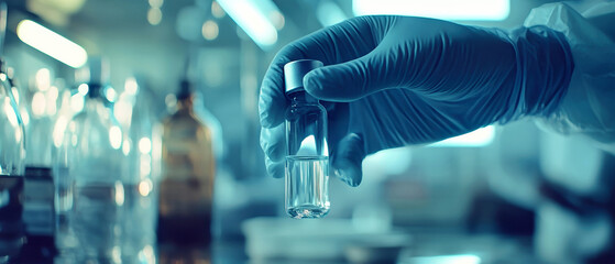 Fototapeta premium Hand in medical gloves gracefully holds a glass vial filled with liquid amidst doctors working in a clinical setting