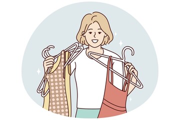 Obraz premium Happy young woman with dresses on hangers shopping in mall. Smiling girl buying fashion clothes in store. Style and consumerism. Vector illustration