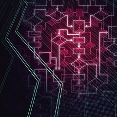Abstract glowing flowchart diagram. Software development. Computer program algorithm. Information technology conceptual background in red