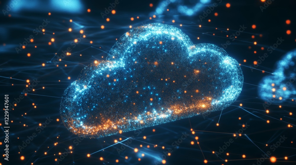 Poster illuminated cloud computing concept with digital connections and glowing particles