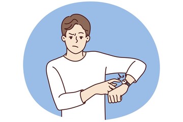 Angry young man point at wristwatch warn about deadline. Mad male notify about missing time showing on clock on wrist. Vector illustration