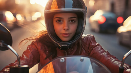 young stylish woman rider wearing helmet and driving bike