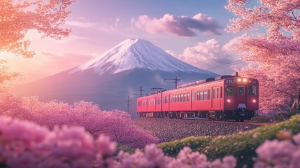 Cherry blossom with Red train in spring in Japan or Korea is the popular view spot,Illustration of Japanese spring,Panorama travel,tour advertising of world famous landmarks of Japan,autumn season.