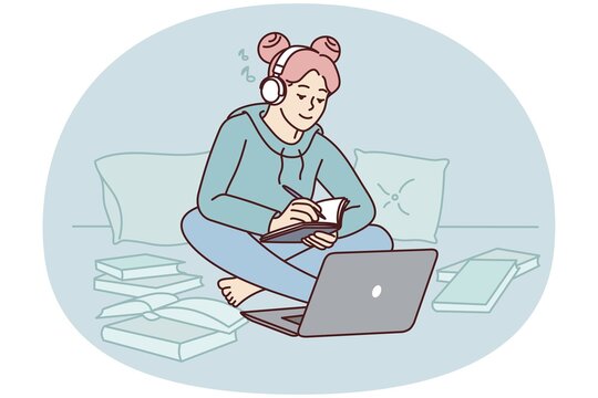 Girl in headphones study on laptop at home take notes in notebook. Happy female student in earphones write notepad have online class on computer. Vector illustration