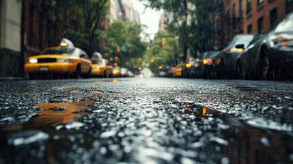 Rainy street scene in New York with yellow taxis, wet asphalt, and reflections. atmosphere is vibrant yet calm, capturing essence of urban life