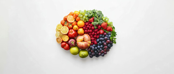 Colorful arrangement of fruits and vegetables shaped like a human brain, showcasing the concept of healthy eating and creativity