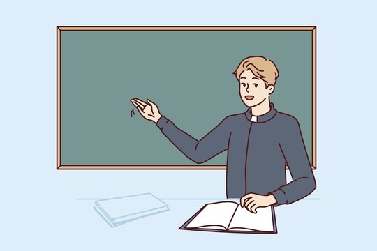 Priest teaching sunday school visitors stands near blackboard and tells students about benefits of prayer. Teacher priest from religious school working in field of christian and catholic education
