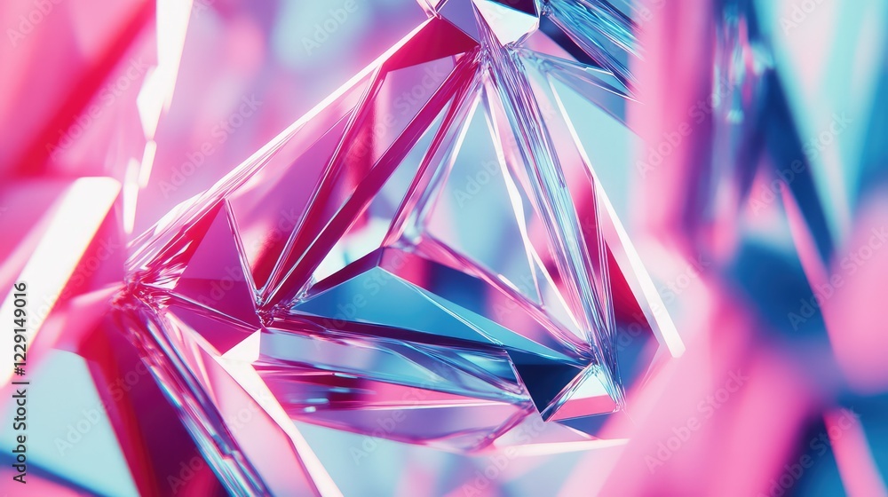 Poster Abstract close-up of shimmering crystal structures reflecting vibrant shades of pink and blue light, creating a mesmerizing geometric pattern in a digital art style.