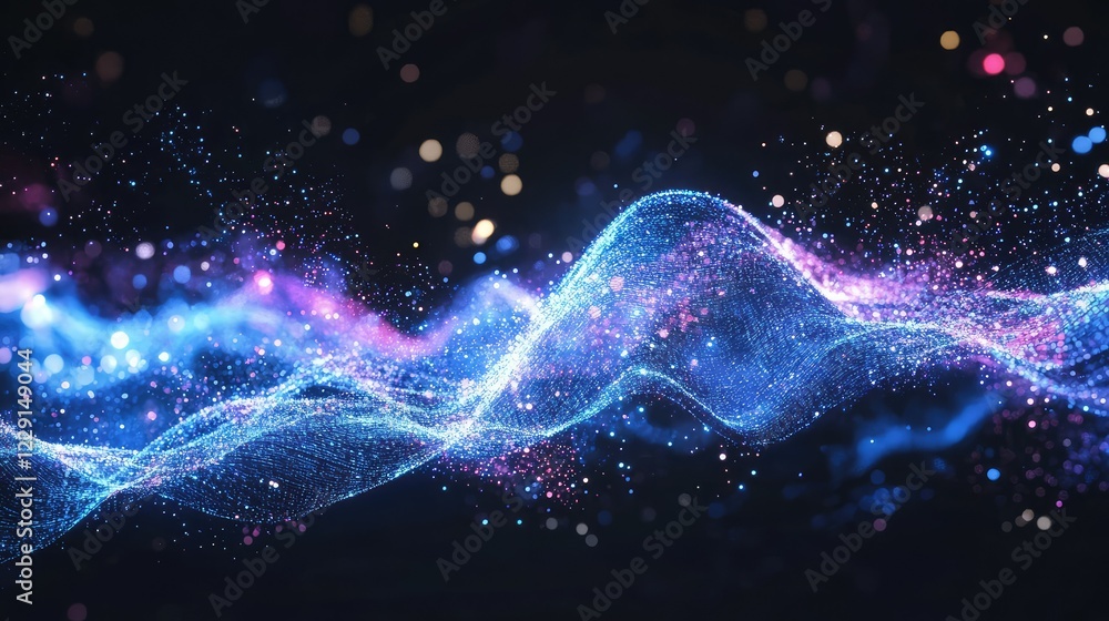 Poster vibrant abstract background with flowing waves and bright particles creating a sense of motion and d